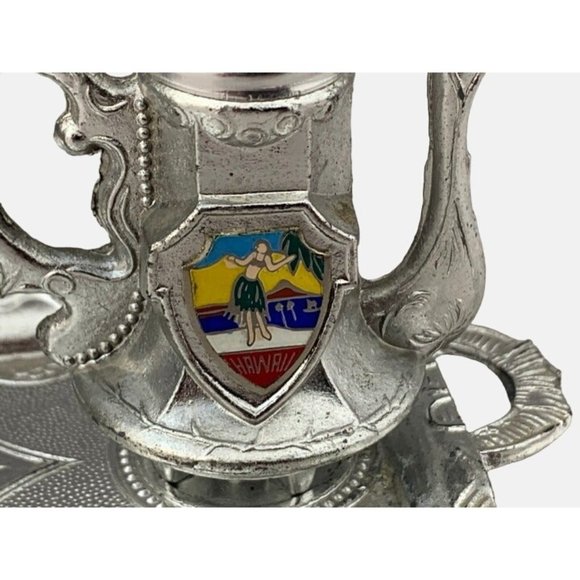 Hawaii Salt and Paper Shakers with Tray Metal Made in Japan Hula Dancers 2" Tall - Picture 7 of 9